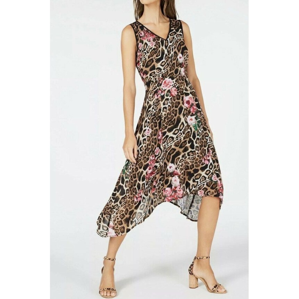 INC Womens New Brown‎ Printed V Neck Sleeveless Midi Trapeze Dress Sz 2